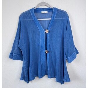 Jess & Jane Open Knit Mesh Cardigan Women's L Blue Boho Coastal Artsy Beachy USA